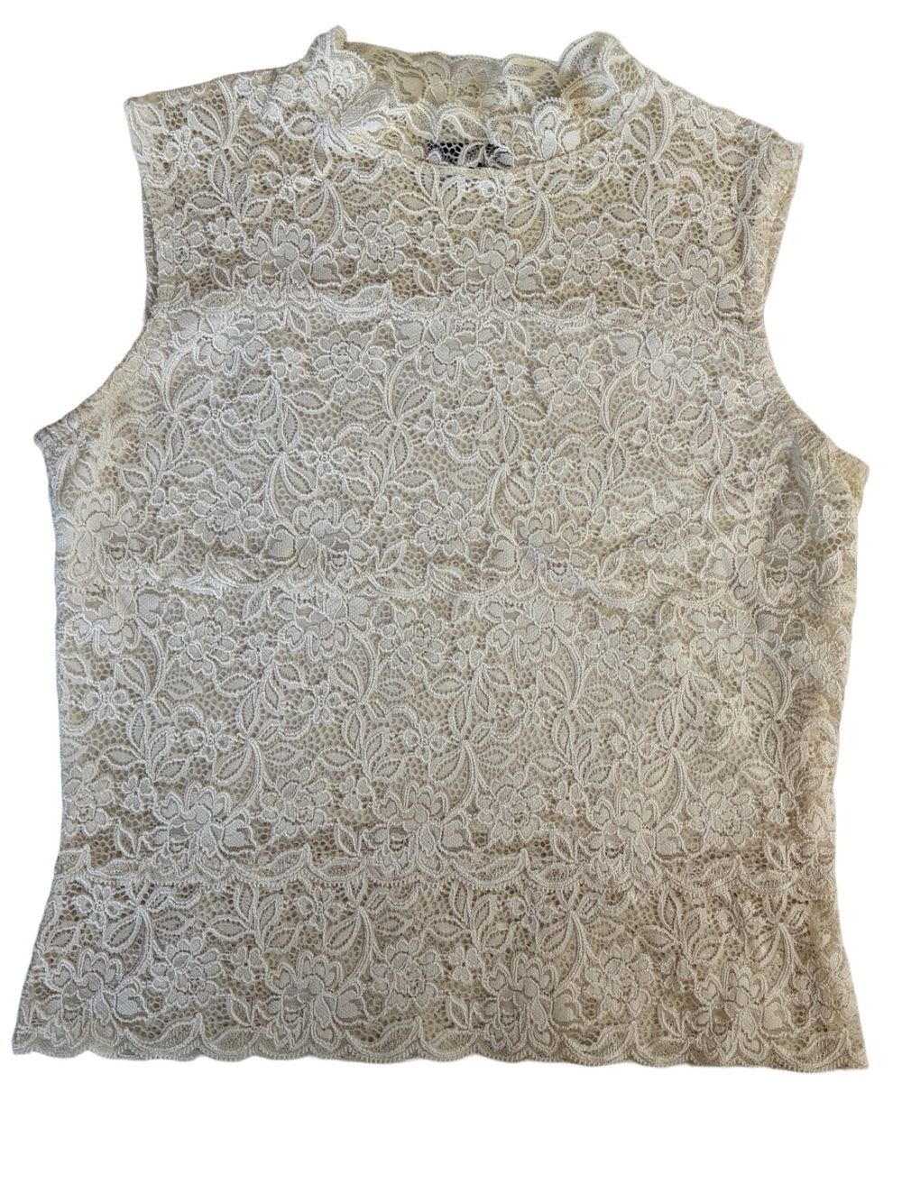 Pretika Lace Mock Neck Sleeveless Top – Cream Floral Lace Y2K Romantic Blouse - Picture 8 of 13